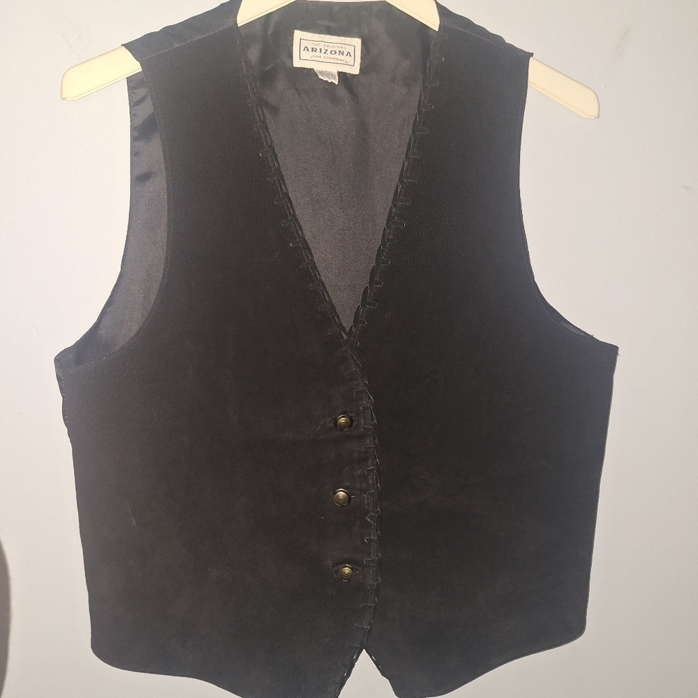 Vtg Arizona JeanCo Suede Leather Vest Womens Sz L Black Button Up Western Goth